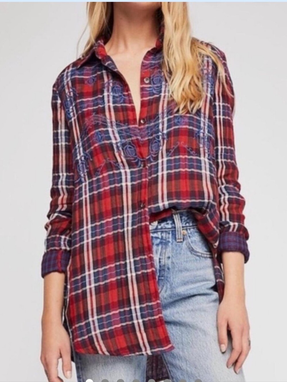 Free People Red and Blue Plaid Embroidered RoseWomen's Flannel Button-Down Shirt